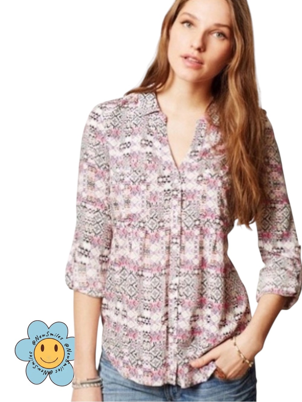 Maeve Pink and White Printed Button Down Shirt